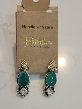 fabindia Green Teardrop Gold-Accent Earrings